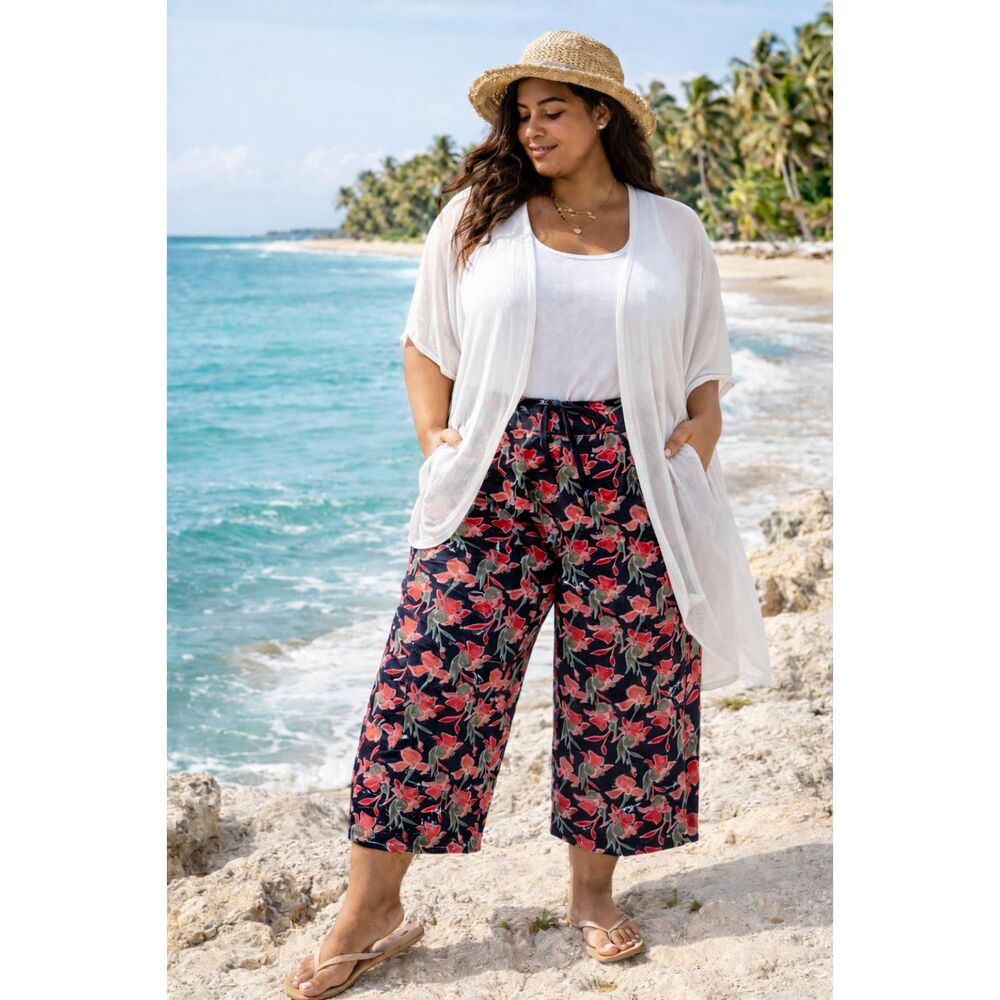 Caslon 2X Floral Linen Blend Pull On Pants Wide Leg Elastic Waist Pockets Breezy